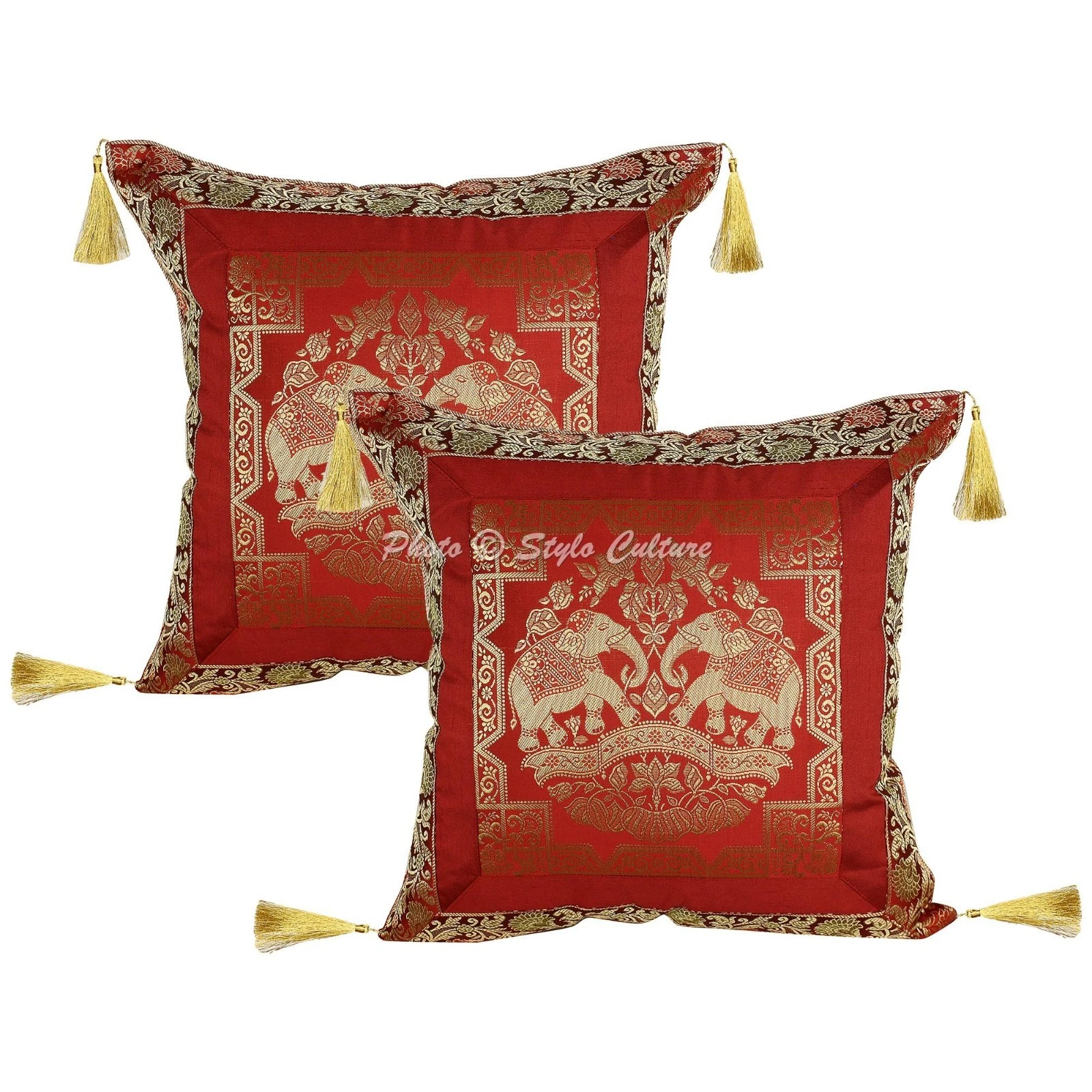 Decorative Brocade Throw Pillow Covers Jacquard Tassels Maroon Elephant 45x45 cm
