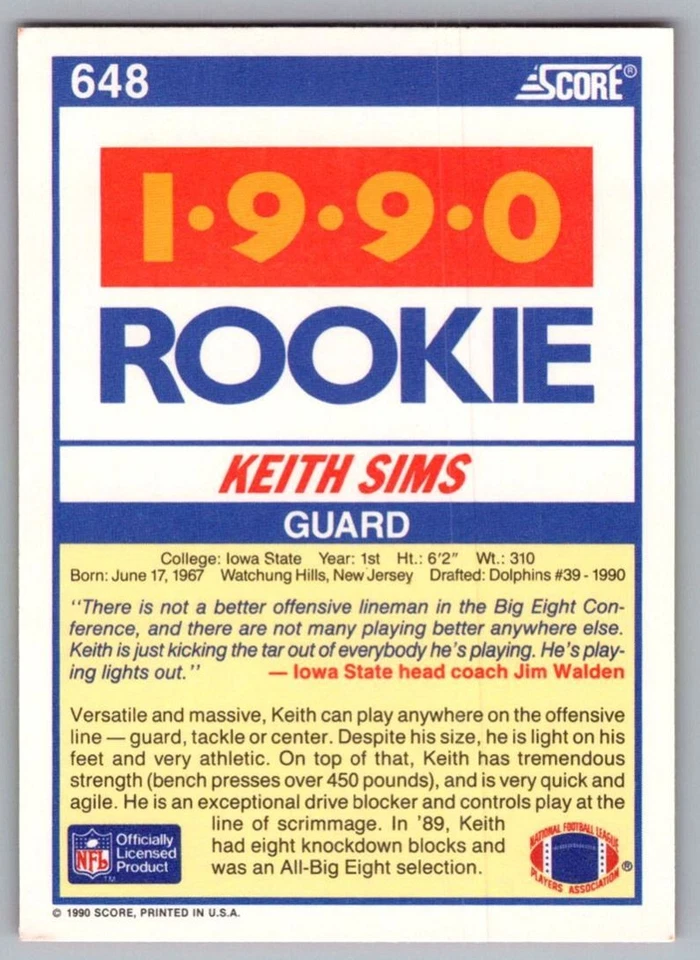 1990 Score Keith Sims Rookie Miami Dolphins #648 - Image 2 of 2