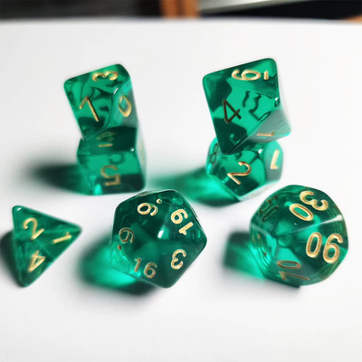 7-Piece Translucent Emerald Green Polyhedral Gemstone Dice Set for Tabletop Game