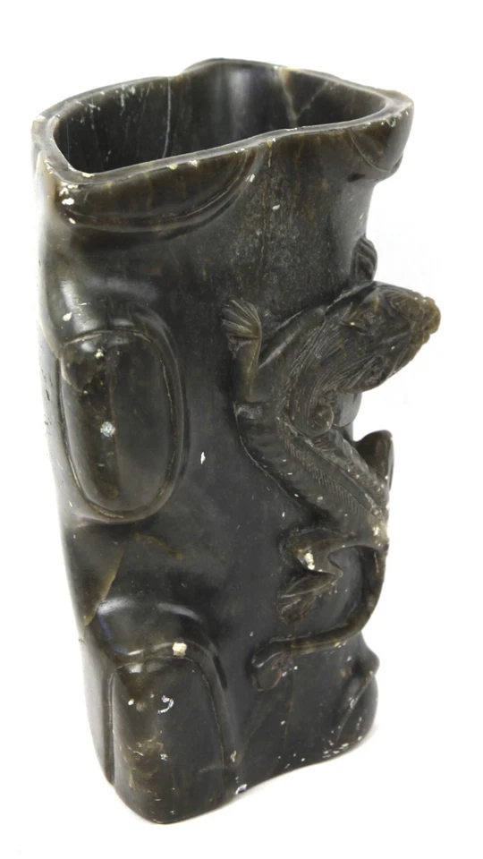  Carved Dark Spinach Jade Brush Pot w/ Chilong Dragon, China 19th Century  - Image 2 of 4