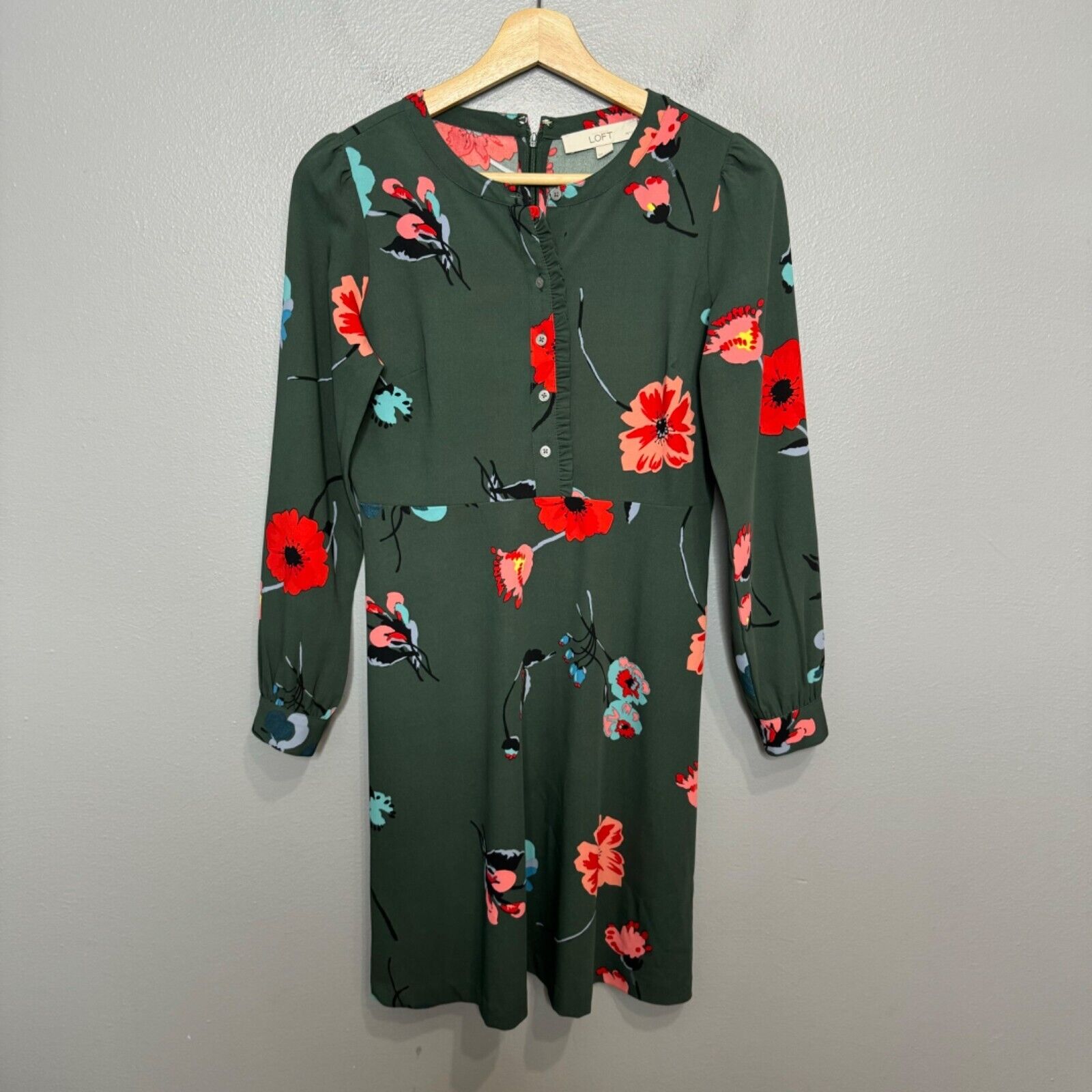 LOFT olive green floral dress size 00P Petite Wom… - image 1