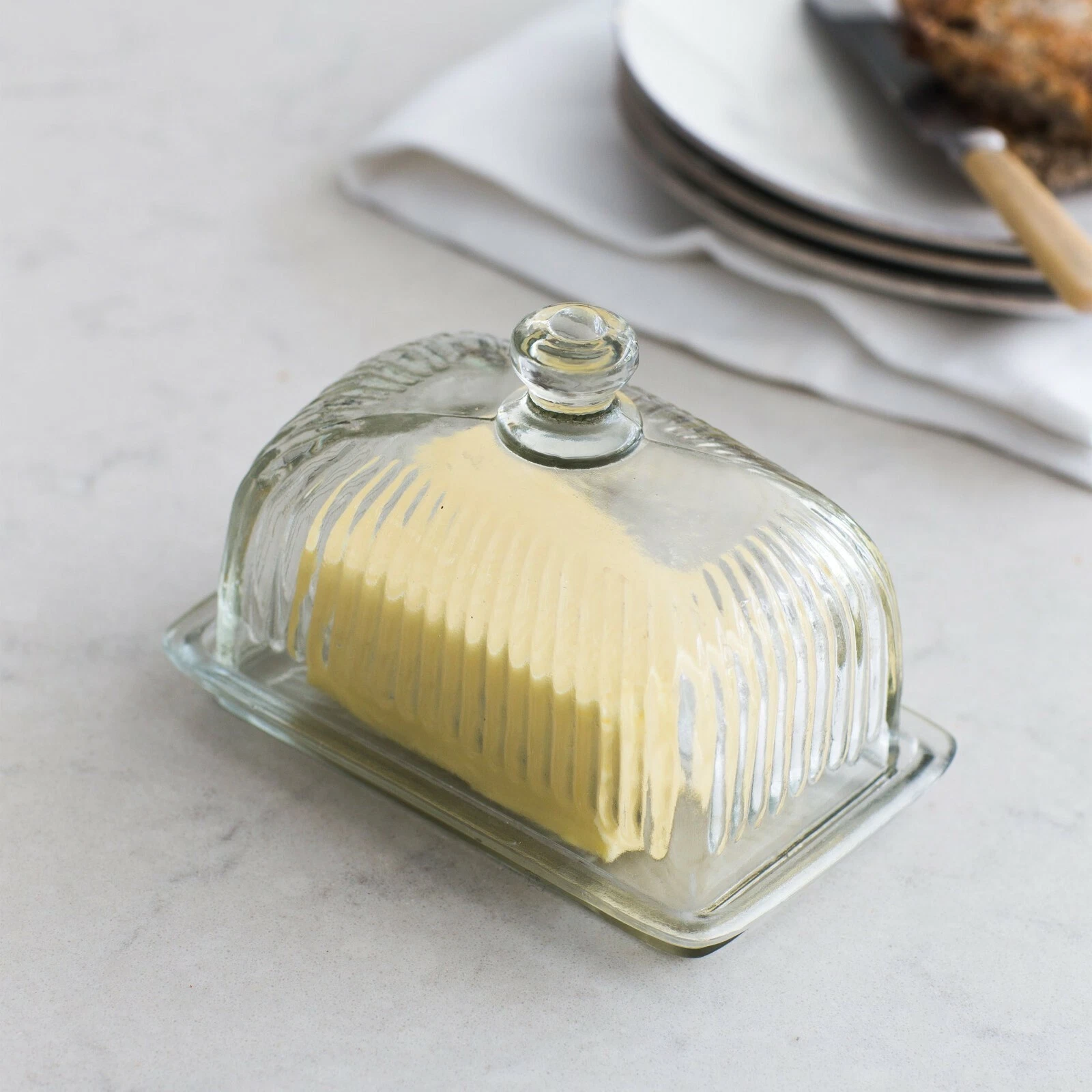 Clear Glass Butter Dish with Lid, Vintage Ribbed Classic Margarine Container Tub
Opens in a new wind