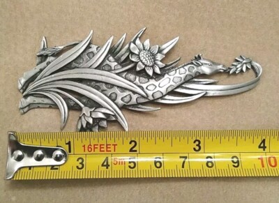 J.J. JONETTE 4'' Silver Tone Detailed Giraffe Eating Flowers and Greenery, VTG!
