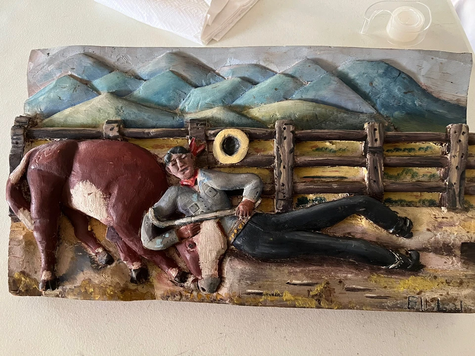 Antique Primitive Folk Art Americana Wood CARVED Polychromed Cowboy ArtistSigned - Image 2 of 4