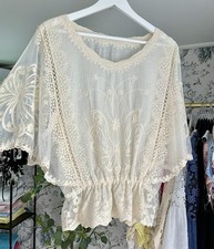 Cotton Embroidered Top – Natural Cream – Butterfly Wing Sleeves - One Size 8-16