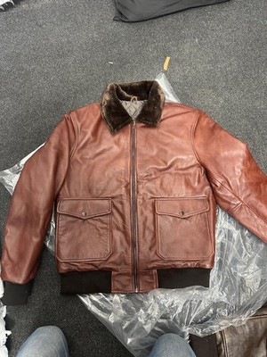 Men s Brown Leather Bomber Jacket Faux Fur Collar Vintage Style Zip Up Coat