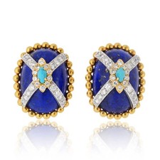 David Webb Platinum & 18K Yellow Gold Turquoise Lapis And Diamond Clip On Earrin