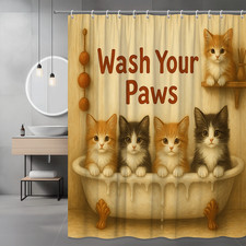 Cute Cat Shower Curtain - Wash Your Paws Design for Kids Bathroom Decor
