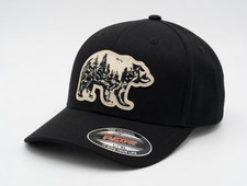 Flexfit 6277 Wooly Combed Fitted Baseball Cap Hat Embroidered Bear Forest Design