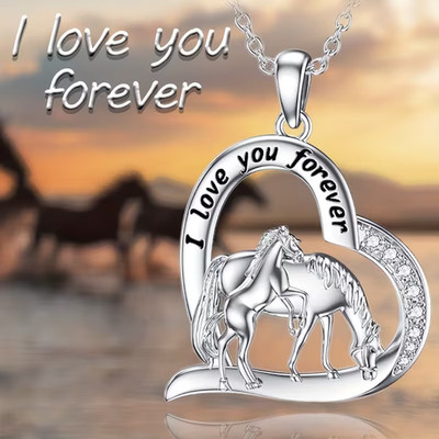 Elegant Heart-Shaped Horse Pendant Necklace with ''I Love You Forever  gift box