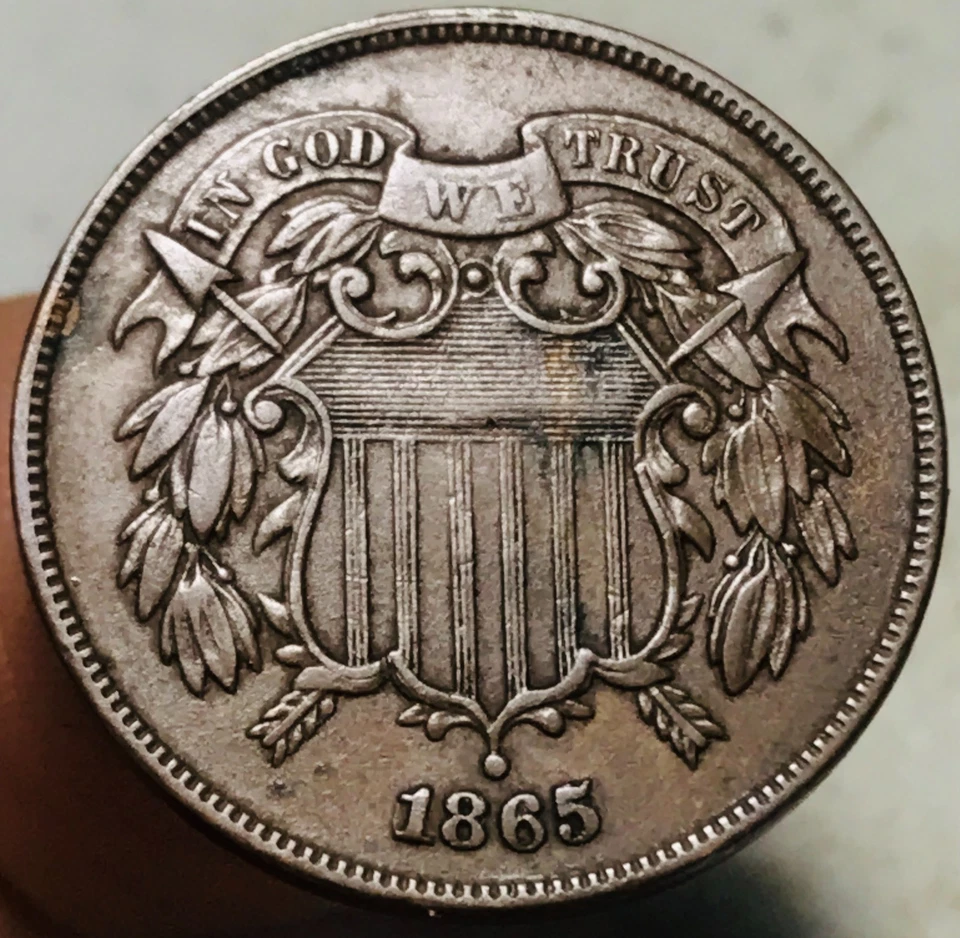 1865 Two Cent Piece 2C FULL MOTTO Civil War Era US Copper Coin CC28436 - Image 4 of 4