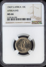 1969 South Africa 10 Cents NGC MS66 Afrikaans Quality