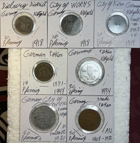 GERMANY 1918 - 1934 NOTGELD 10, 15, 30 & 50 Pfennig 7 COIN LOT VF - AU Condition