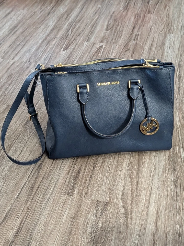 Michael Kors Sutton Top Handle Bag Crossbody Satchel Saffiano Leather Purse Navy - Image 2 of 4