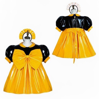 French Maid Girl Sissy Lockable Yellow PVC Dress Cosplay Costumes ...