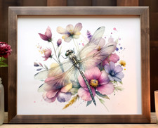 Dragonfly Art Print, Dragonfly With Flowers Wall Art Decor, Nature Print 52
