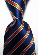New Classic Striped Dark Blue Orange White JACQUARD WOVEN Silk Men's Tie Necktie