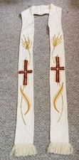 VINTAGE PRIEST CLERGY VESTMENT STOLE NATURAL W/LOVELY APPLIQUES
