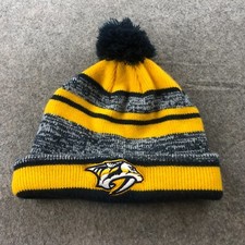Nashville Predators Beanie Toboggan Yellow Gray Striped Embroidered Pom Pom