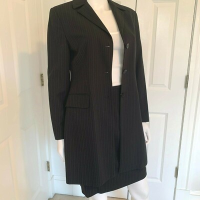 TAHARI PETITE Black Striped Career Skirt Suit Button-Down Blazer SZ 6P 