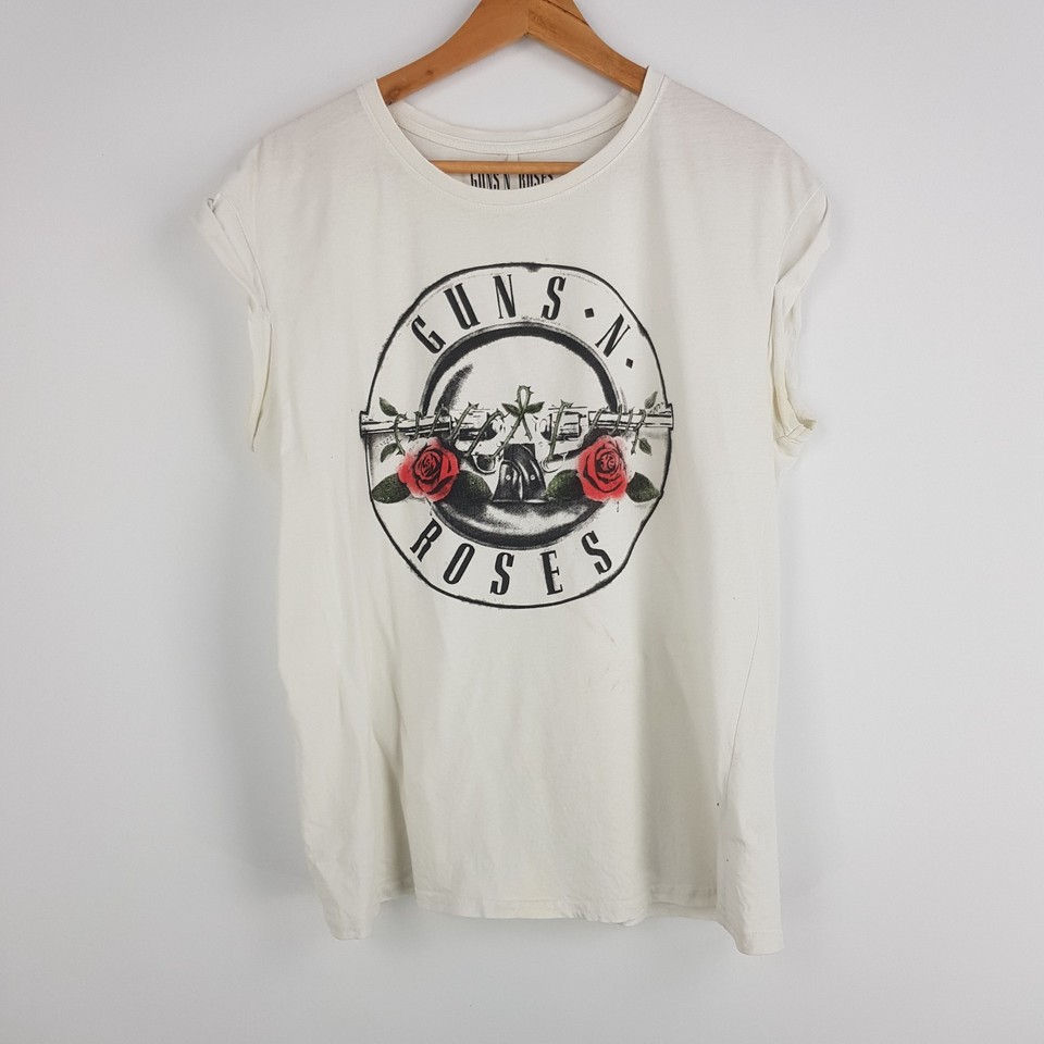 Guns & Roses Womens Size 14 White Cuff Sleeve Classic T-Shirt Band Shirt