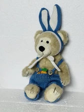 Hugfun Easter Bear Plush In Bunny Rabbit Ears Blue Knit Overalls Vintage 10” EUC