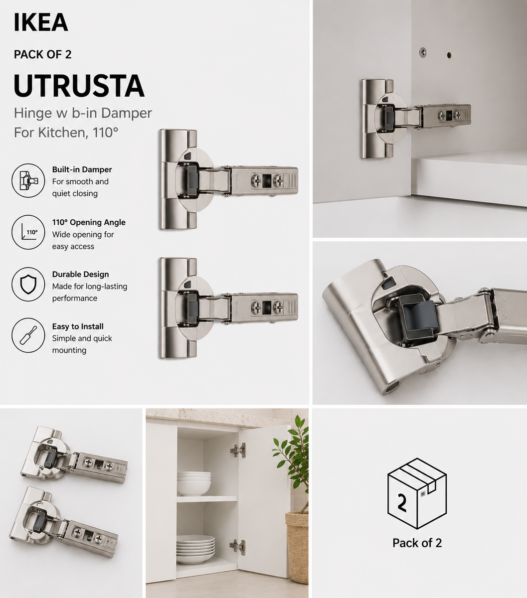 Pack of 2 KEA UTRUSTA Hinge w b-in Damper For Kitchen, 110 ° Brand