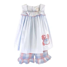 Petit Ami Light Blue Red Sun Top & Shorts Set with Crab Applique  2T 3T 4T