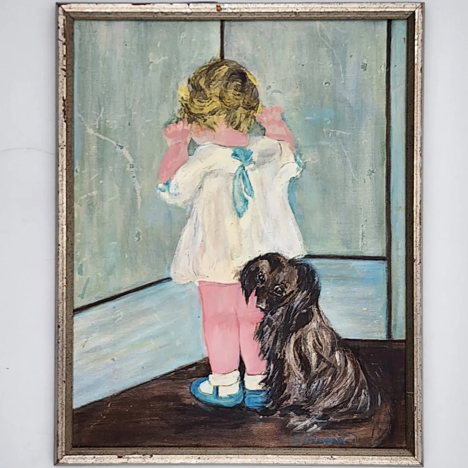 Pintura al óleo original vintage sobre lienzo "En desgracia" niña perro arte firmado enmarcado Foto 4 de 4