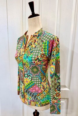 Women's Size Med Athletic zip up Top by Bleu, Gold Logo Zipper, Colorful Batik