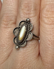 Mother Of Pearl Ring 5.25 Oval Floral Sterling Silver Native American Scalloped