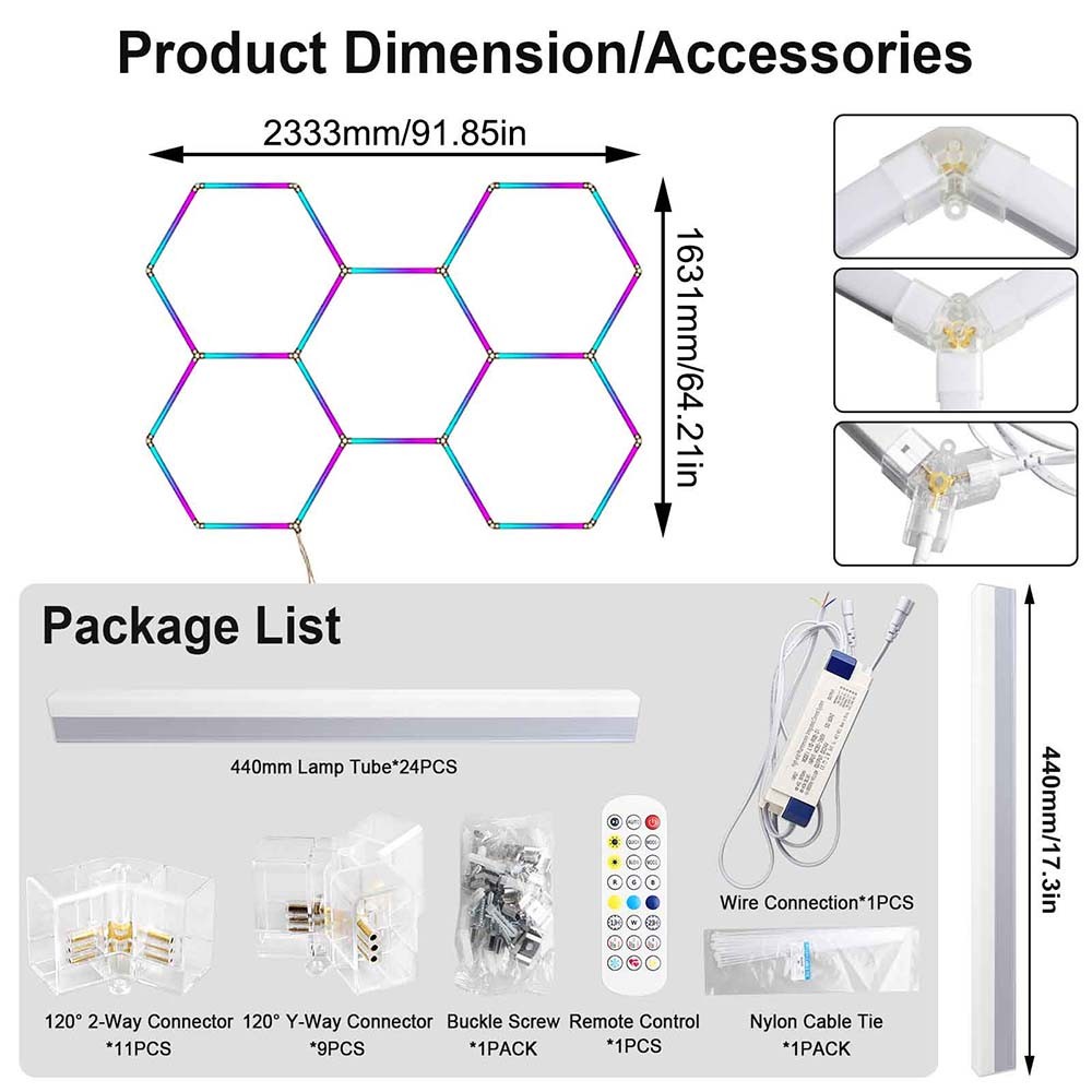 Hexagon RGB Lights LED Garage Lights Music Sync DIY for Gaming Room TV Bar Gym