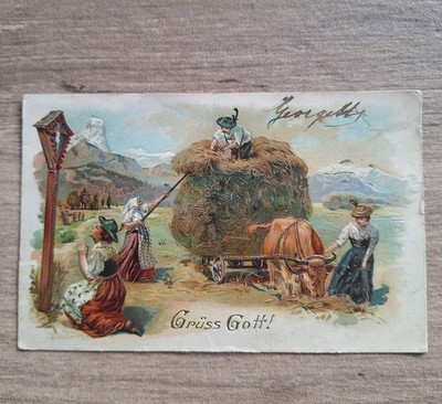 Old postcard Gruss Gott! EMBOSSED POSTCARD 1900 HARNESS HARVEST