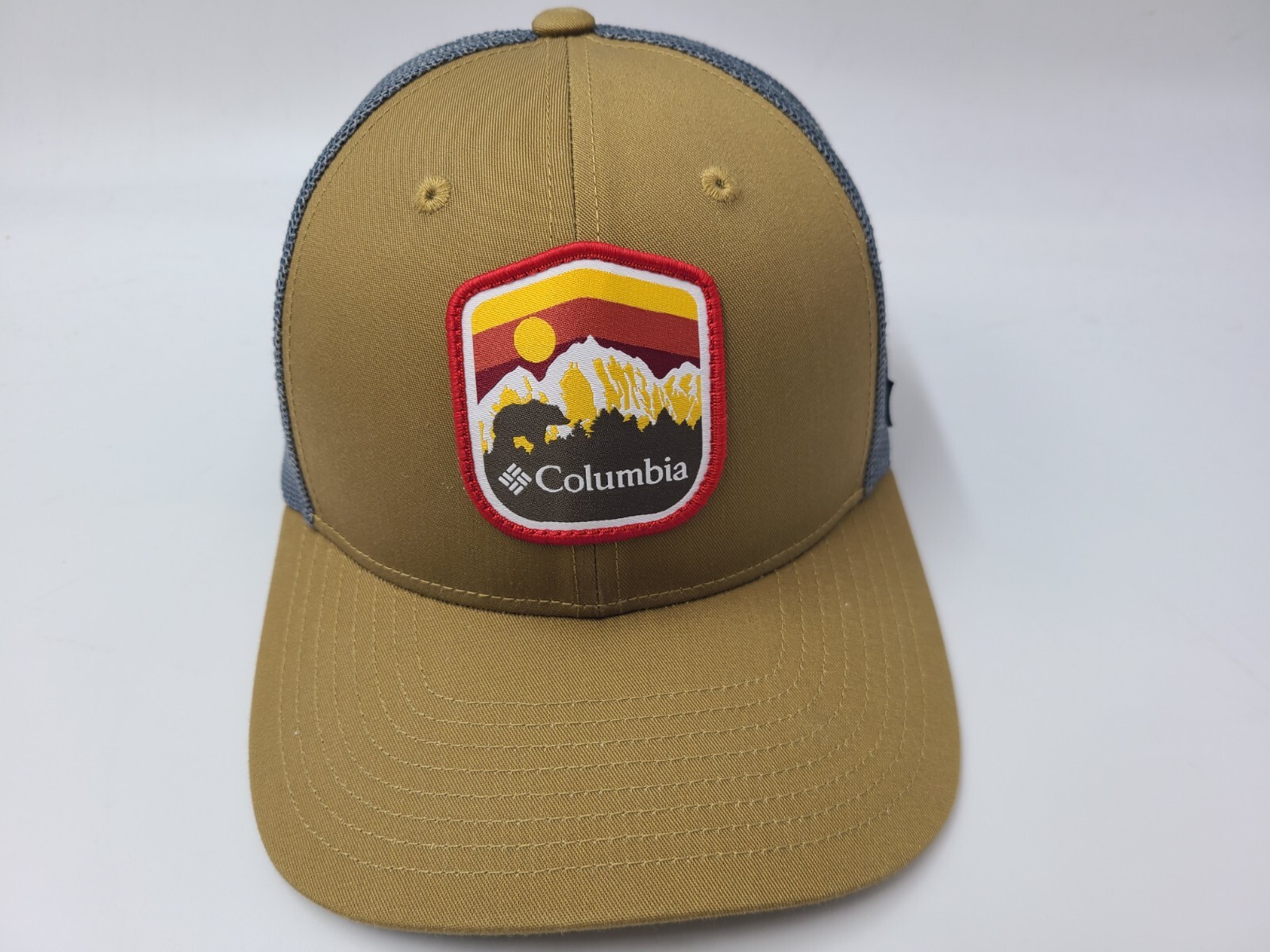 Columbia Bear Mountains Sunset Patch Mesh Trucker Snapback Hat Cap Men Gold Blue