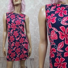 Vintage 90s Sleeveless Mini Dress S Floral Bright Pink Blue Tropical Hawaiian