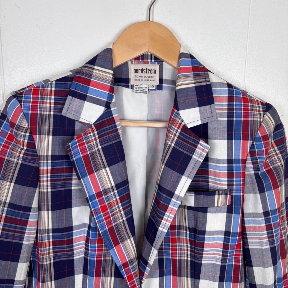 Vintage Nordstrom Town Square Plaid Blazer Red White Blue Button Front Size S - Image 3 of 4