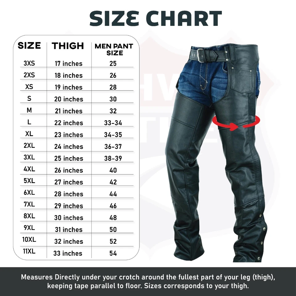 Highway Leather Lined Chaps Motorcycle Riding Bikers Chap Black SKU # HL12800SPT - Image 2 of 4