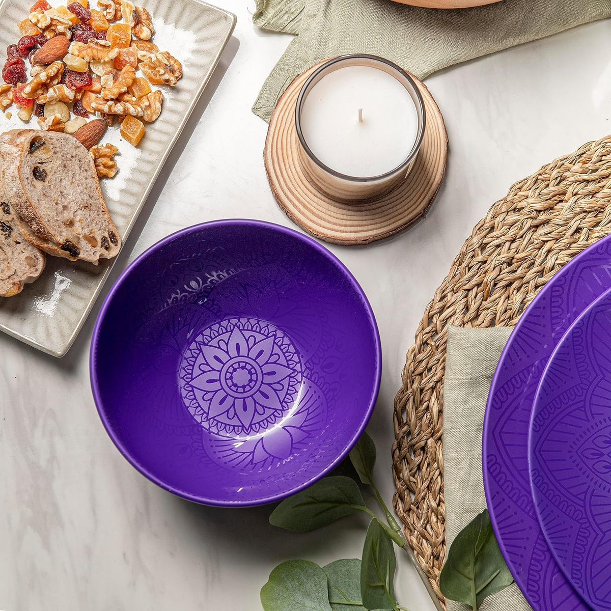 12 Piece Melamine Dinnerware Set Durable, Dishwasher Safe Purple