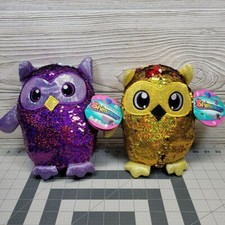2 Shimmeez Sequin Owl Plush Toy Reversible Sparkle Magic Purple Gold Owls 7"
