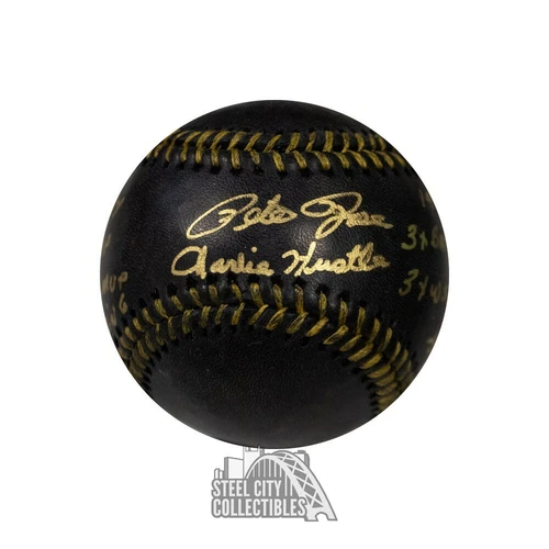 Pete Rose Stats Autographed Black Official MLB Baseball - BAS COA
