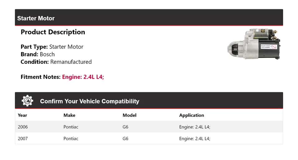 Arranque Bosch para Pontiac G6 2006-2007 2,4 L L4 (remanufacturado) Foto 2 de 4