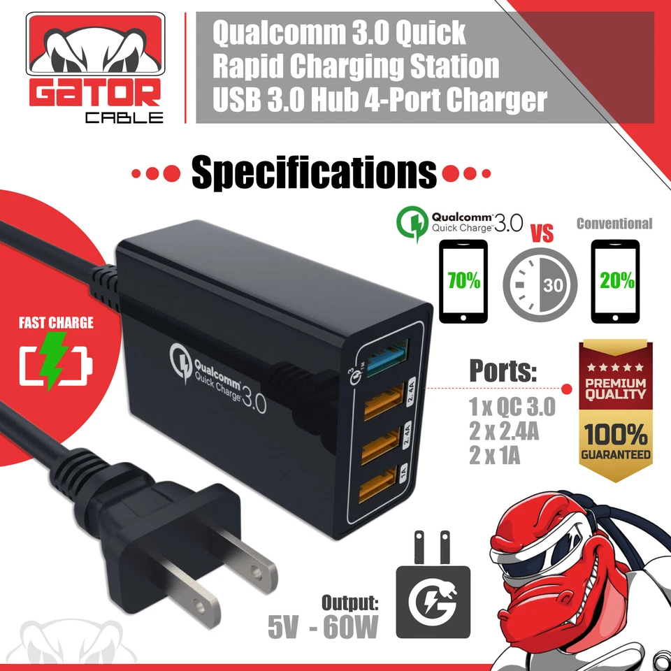 Qualcomm QC 3.0 Fast Rapid Charger Charging Station Hub 4 USB Multi Port 60W 3A - Image 2 of 4