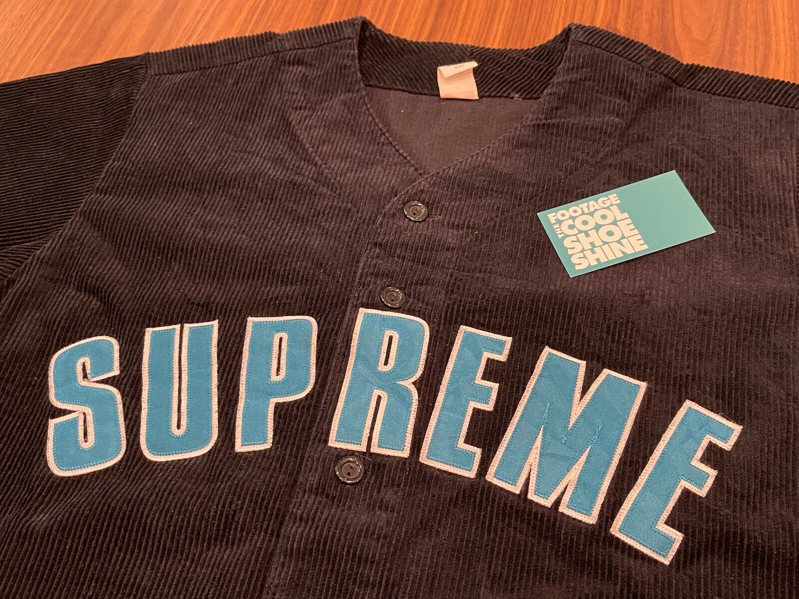 2018 SS18 SUPREME CORDUROY BASEBALL JERSEY BLACK WHITE BLUE BOX LOGO CDG  MEDIUM