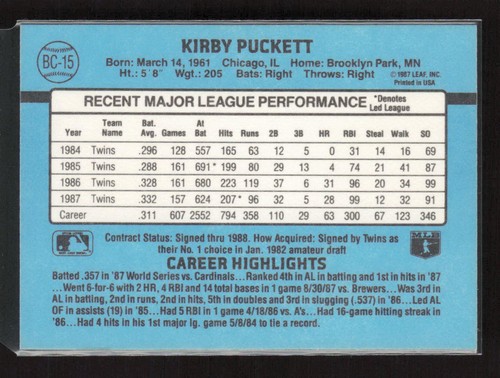 1988 Donruss Bonus MVPs #BC-15a Kirby Puckett Minnesota Twins - 第 2/2 張圖片