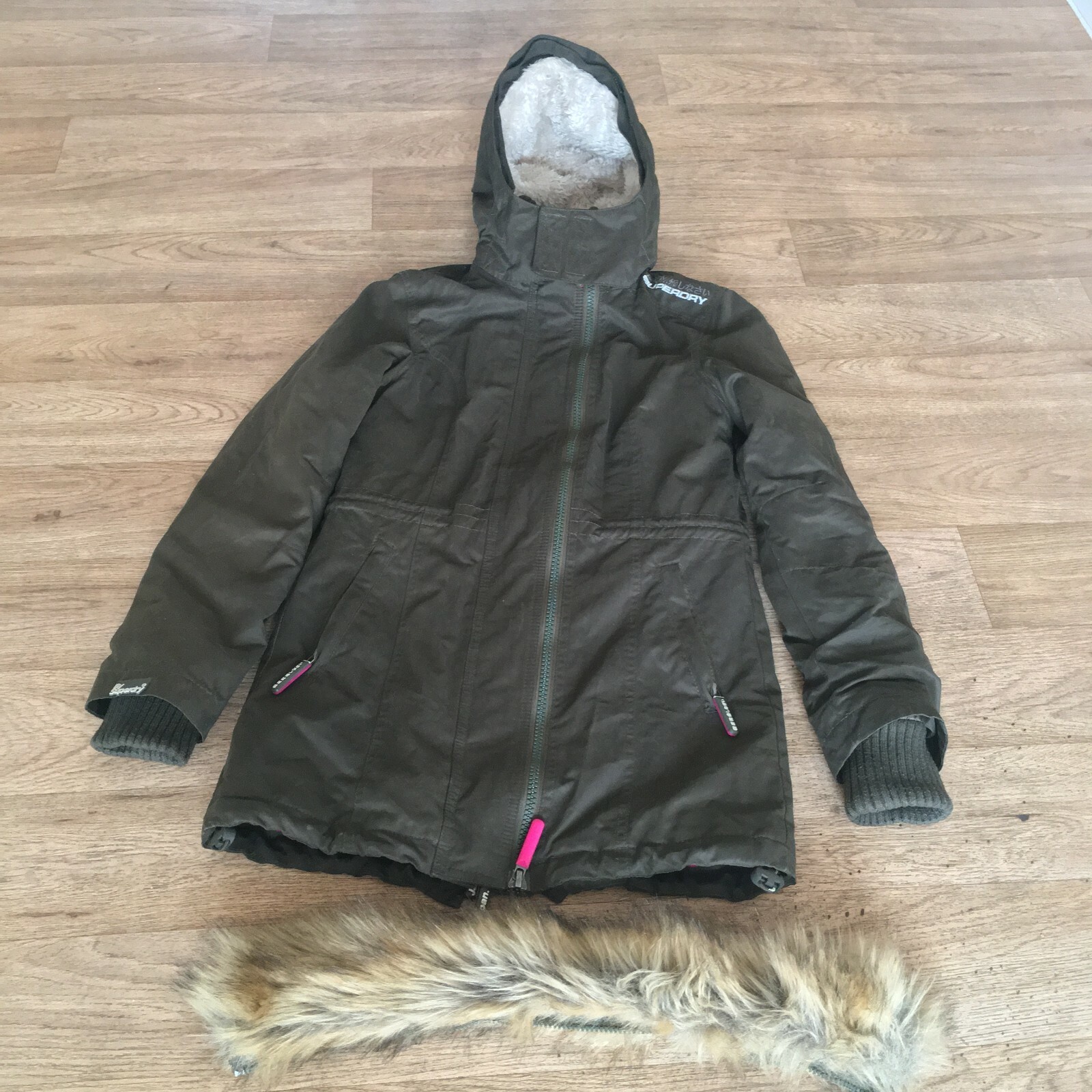 Womens XS Green Superdry Microfibre The WindParka Winter Jacket Removable Fur image 7