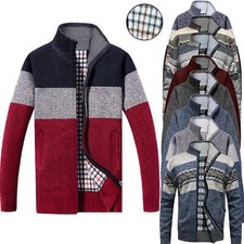 Image of Mens Insulated Thermal Fleece Lined Knitted Zip Cardigan Jumper - Various Styles