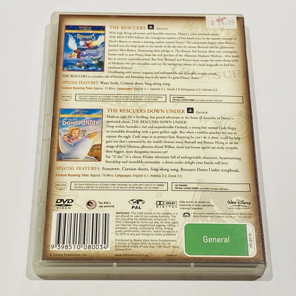 The Rescuers / The Rescuers Down Under (DVD, 1990) LIKE NEW + Fast Free Post - image 2 of 4