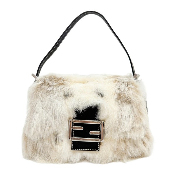 FENDI Mini Mamma Baguette Cream Beige Rabbit Fur Hand Bag