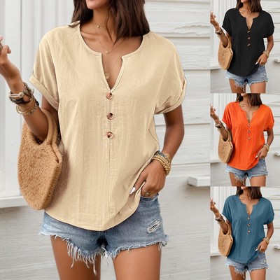 Damen T-Shirt Kurzarm V-Ausschnitt Hemd Bluse knöpfen Oberteile Tops Sommer Hemd