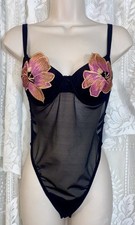 Vtg NWOT L Sheer Black UW Bra Top HIBISCUS Flowers Frederick's Teddy nightie